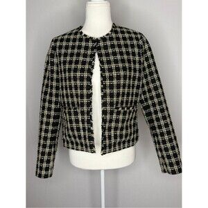 LOFT Black White and Gold Tweed Fringe Open-Front Jacket
